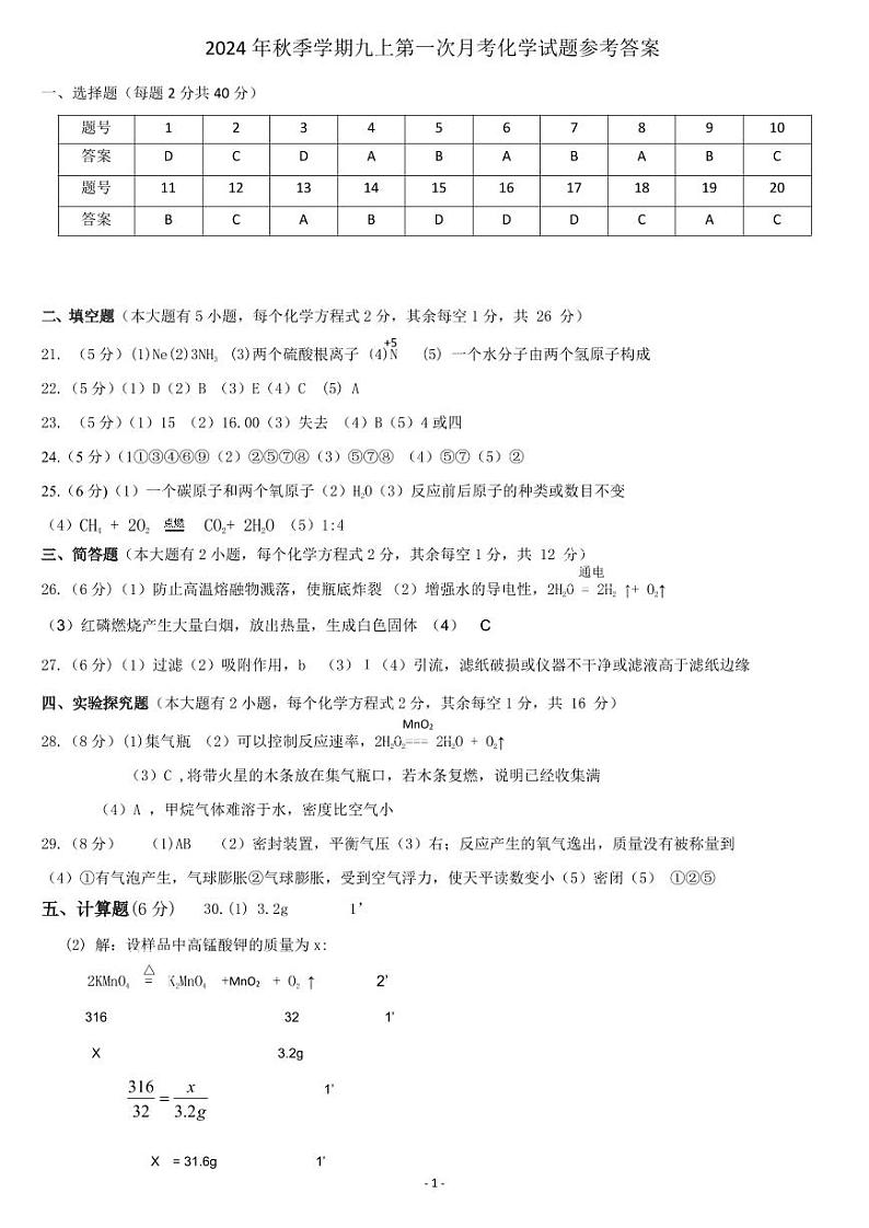 南宁市新民中学2024年秋季学期九上9月月考化学参考答案第1页