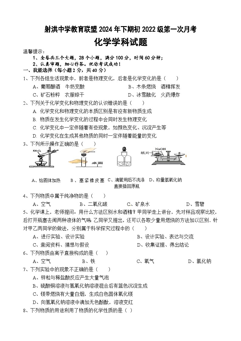 四川省射洪中学校2024-2025学年九年级上学期10月月考化学试题第1页