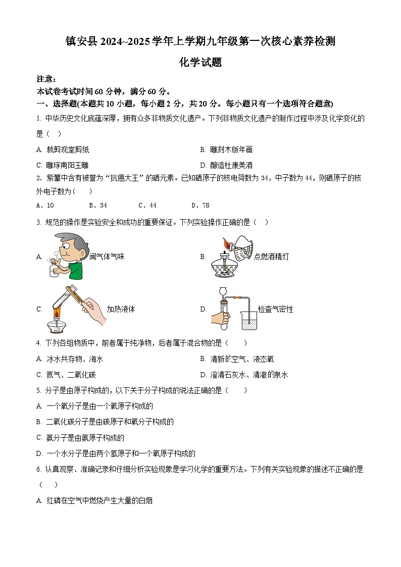 陕西省商洛市镇安县2024-2025学年九年级上学期第一次月考化学试题01