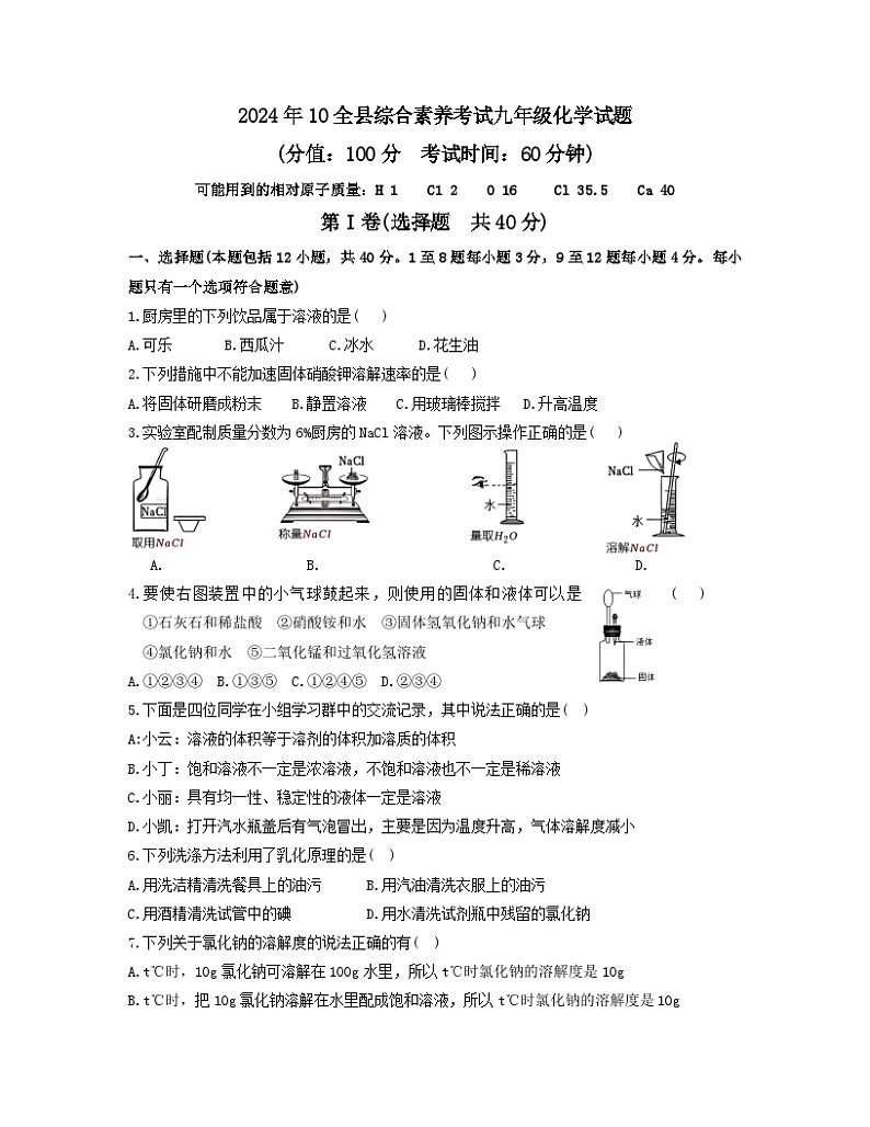 山东省东营市利津县2024-2025学年第一学期10月月考九年级化学试题第1页