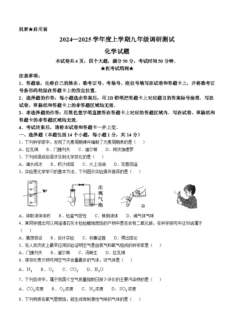 河南省信阳市平桥区2024-2025学年九年级上学期10月月考化学试题第1页