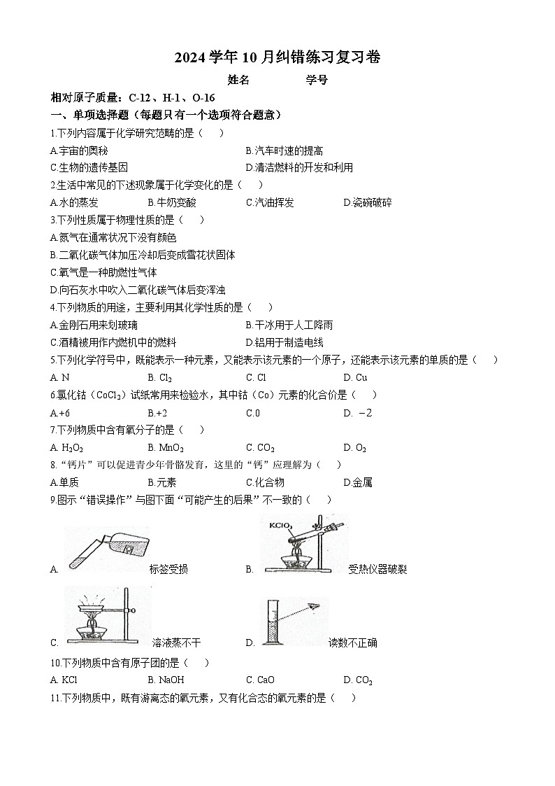 上海市洪山中学2024--2025学年九年级上学期10月月考化学复习卷(无答案)第1页