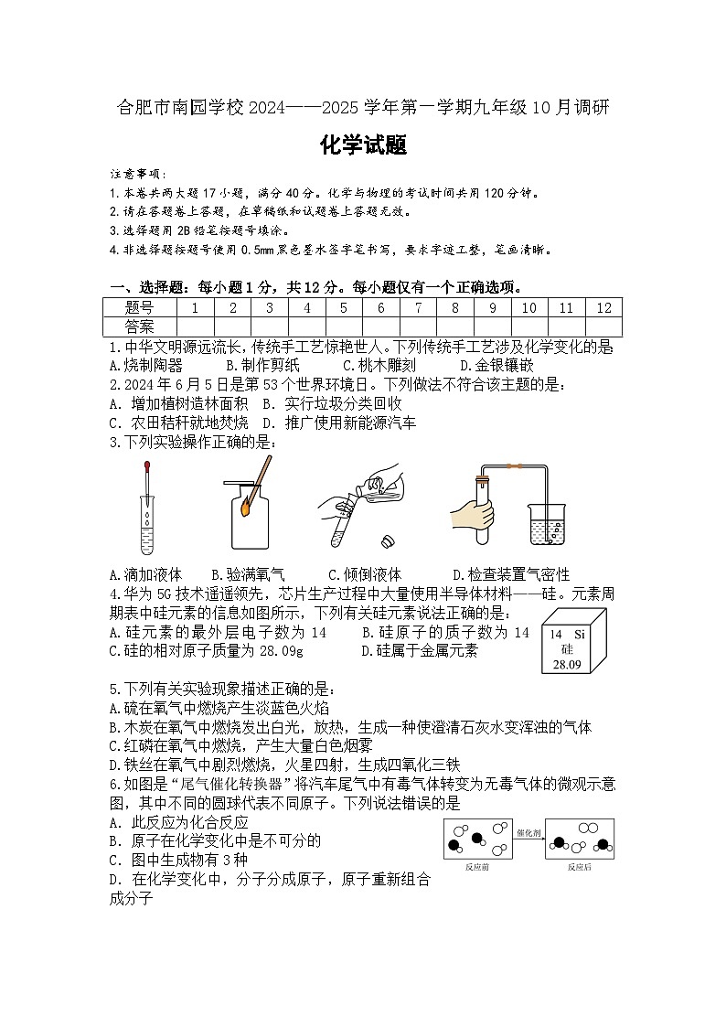 安徽省合肥市南园学校2024-2025学年九年级上学期10月调研化学试题第1页