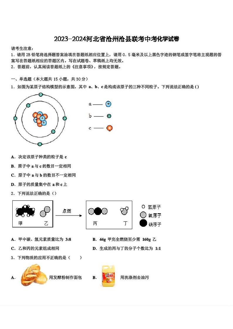 2024年河北省沧州市沧县联考中考化学试卷第1页