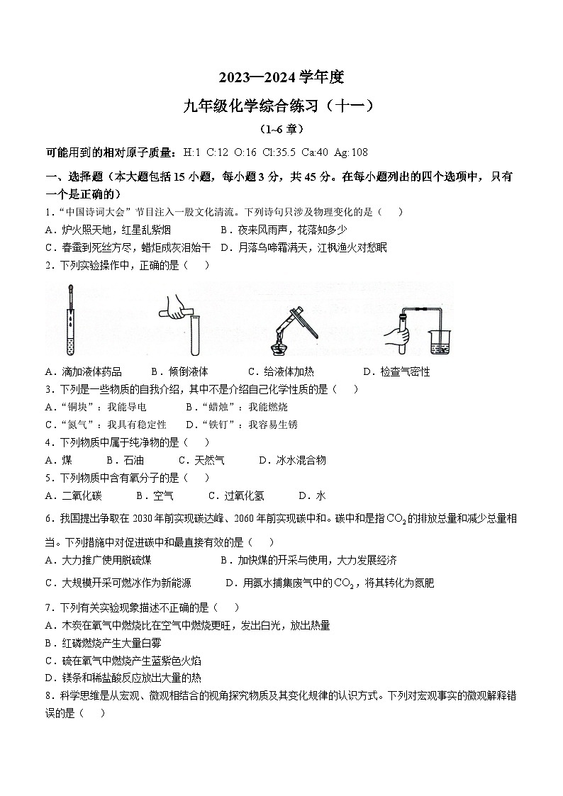 广东省清远市佛冈县2023-2024学年九年级上学期期末考试化学试题第1页