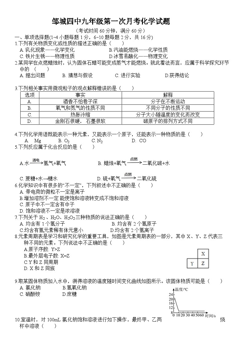 2023-2024学年山东省济宁市邹城四中九年级（上）第一次月考化学试卷.第1页