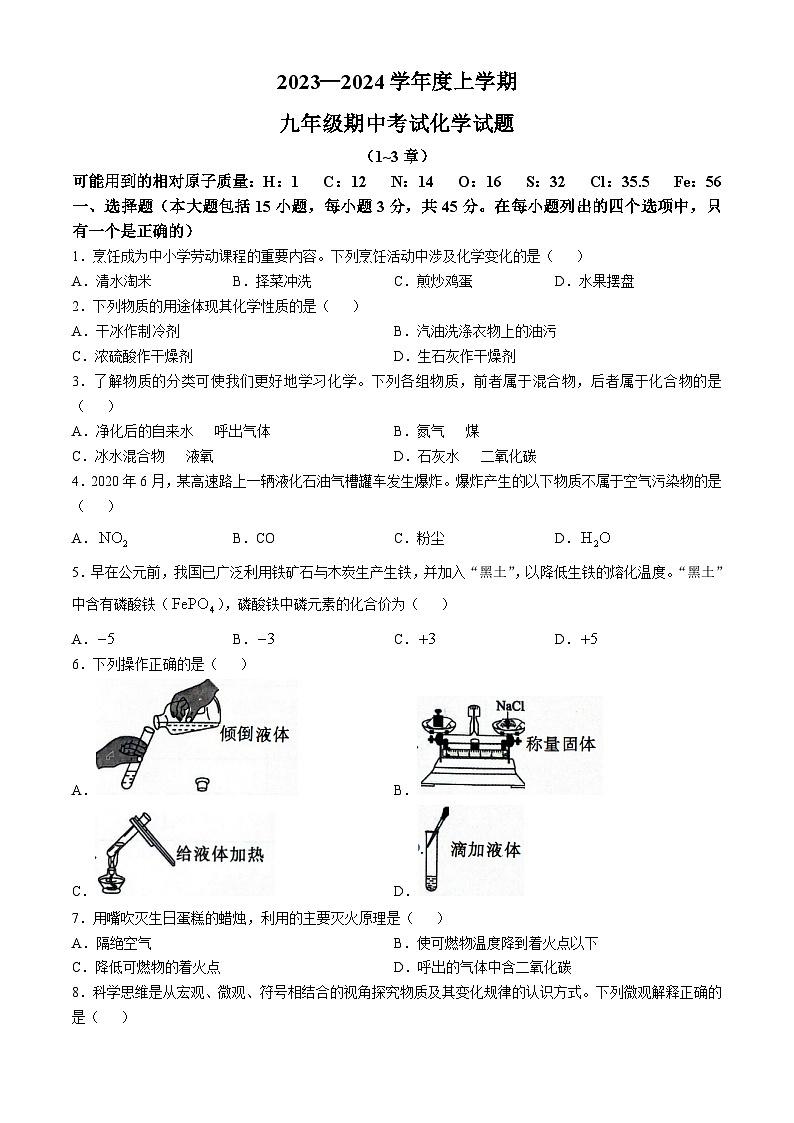 广东省清远市佛冈县2023-2024学年九年级上学期期中考试化学试题01