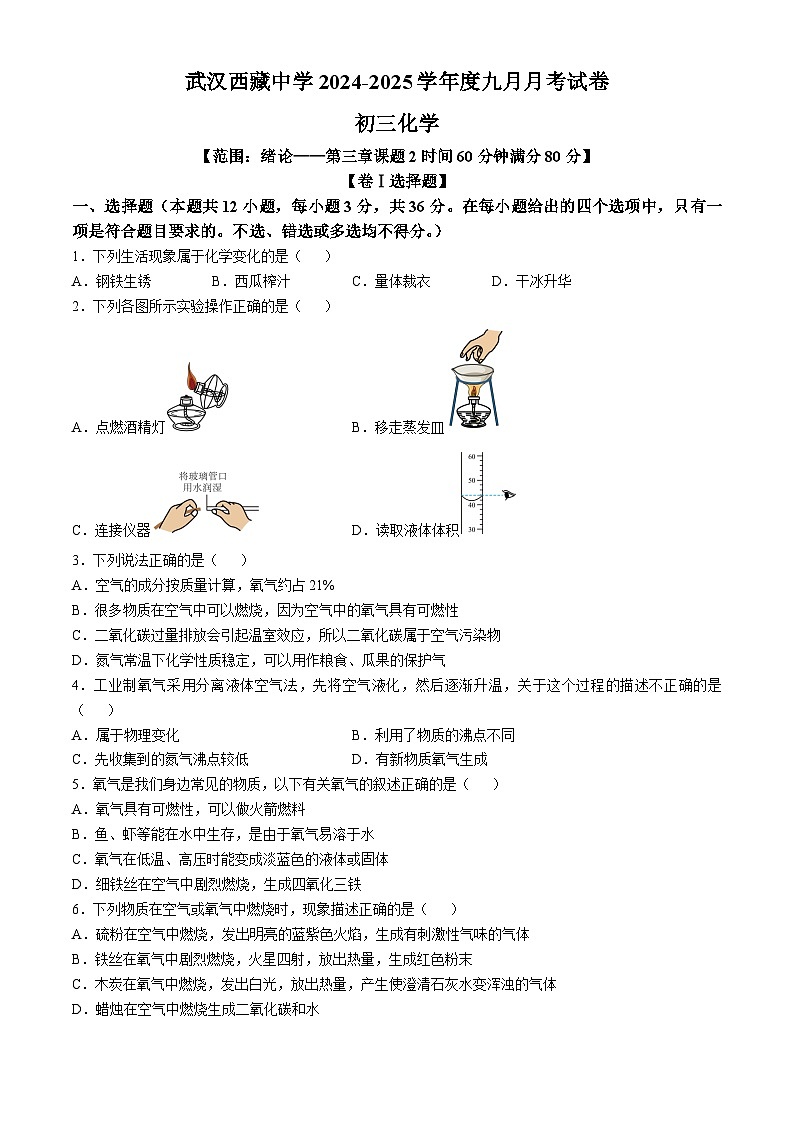 湖北省武汉市西藏中学2024--2025学年九年级上学期9月月考化学试卷01