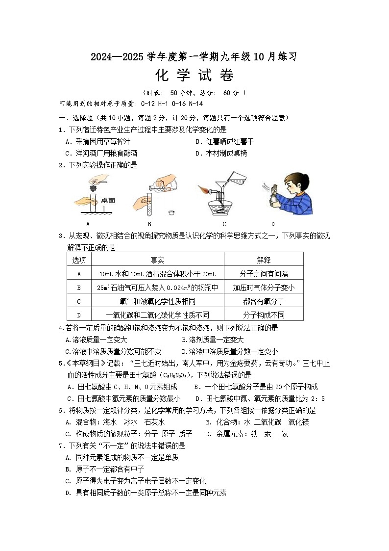 江苏省宿迁市宿城区南京师范大学附属中学宿迁分校2024-2025学年九年级上学期10月月考化学试卷第1页