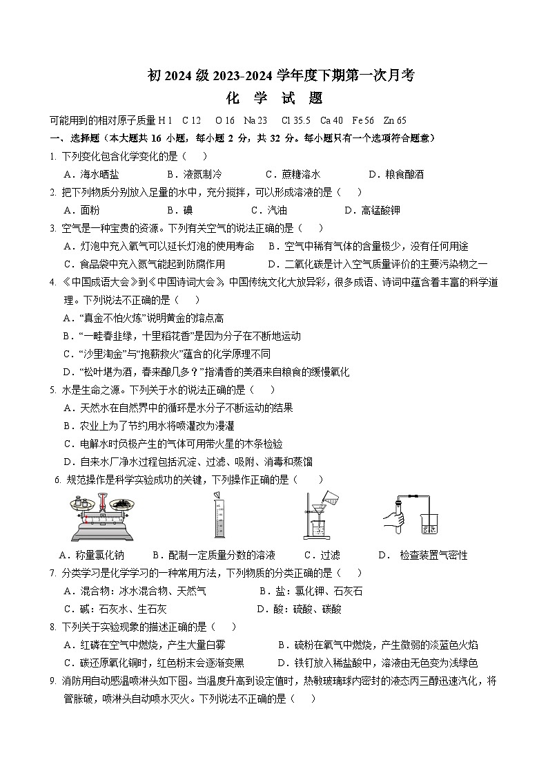 重庆市渝北中学校2023-2024学年九年级下学期第1次月考化学试题01