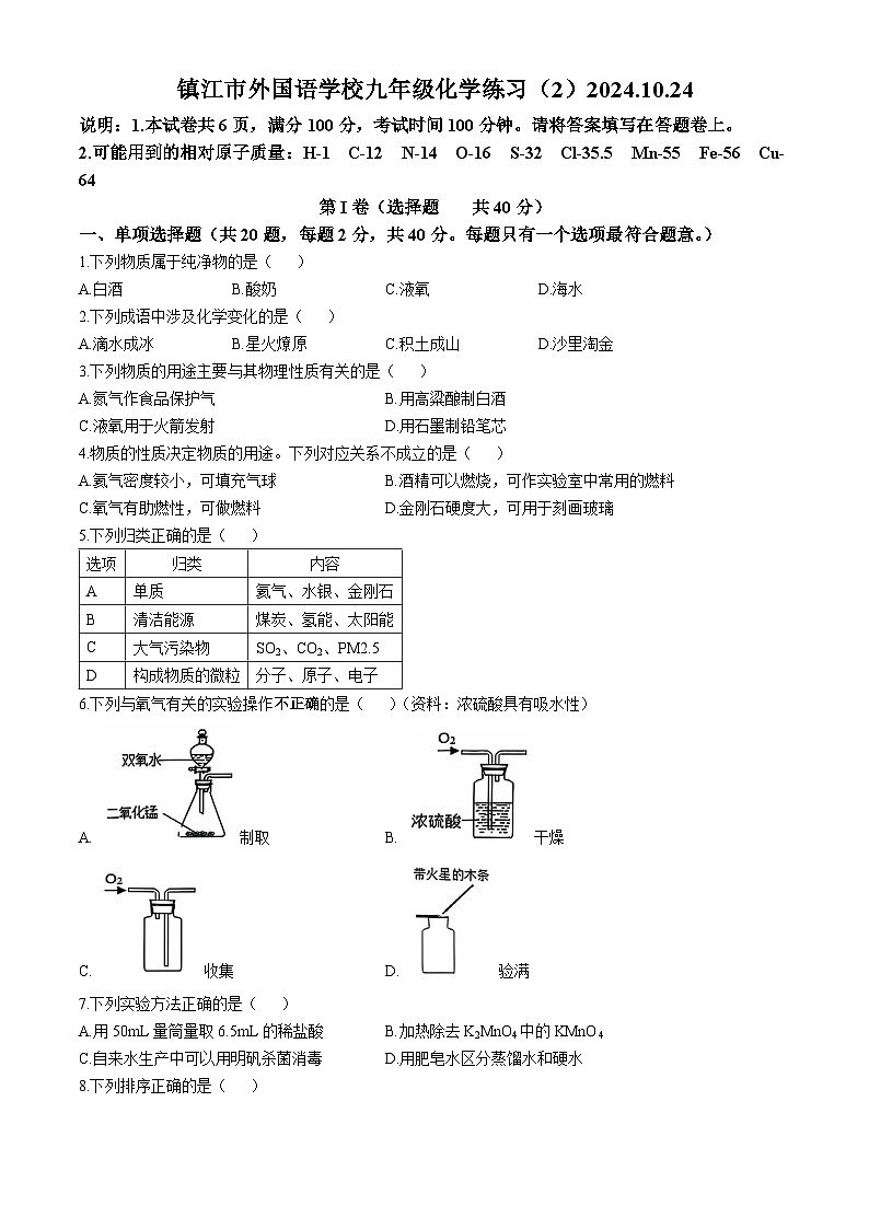 江苏省镇江市外国语学校2024--2025学年九年级上学期10月化学练习试卷(无答案)01