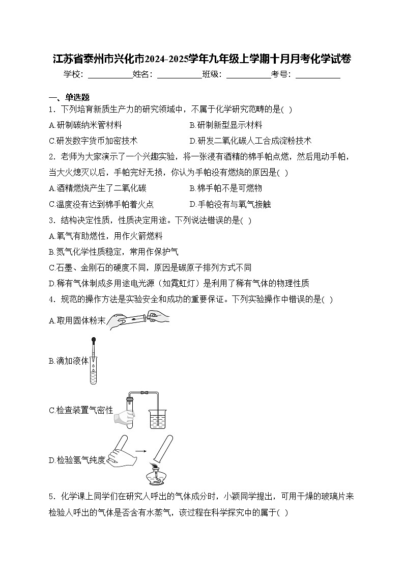 江苏省泰州市兴化市2024-2025学年九年级上学期十月月考化学试卷(含答案)第1页