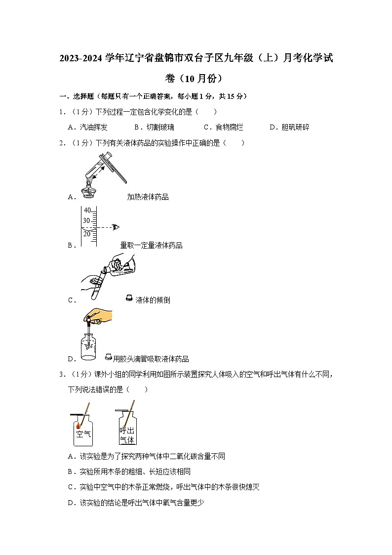 2023-2024学年辽宁省盘锦市双台子区九年级（上）月考化学试卷（10月份）第1页