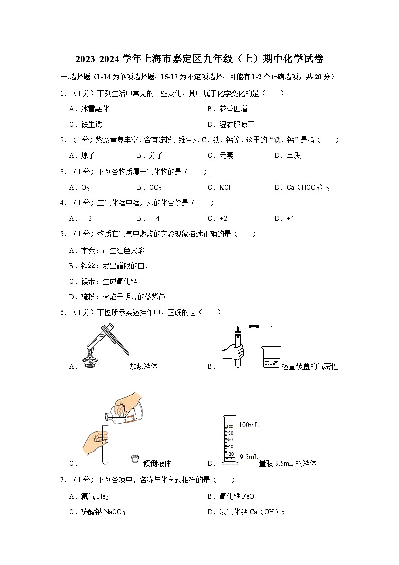 2023-2024学年上海市嘉定区九年级（上）期中化学试卷第1页