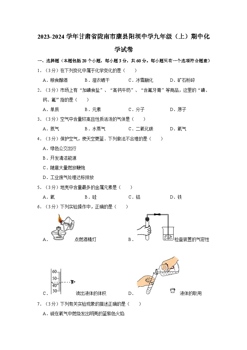 2023-2024学年甘肃省陇南市康县阳坝中学九年级（上）期中化学试卷第1页