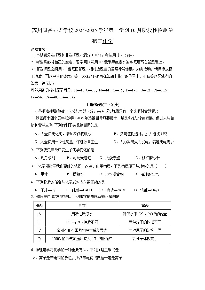 江苏省苏州市国裕外语学校2024--2025学年九年级上学期10月月考化学试题第1页