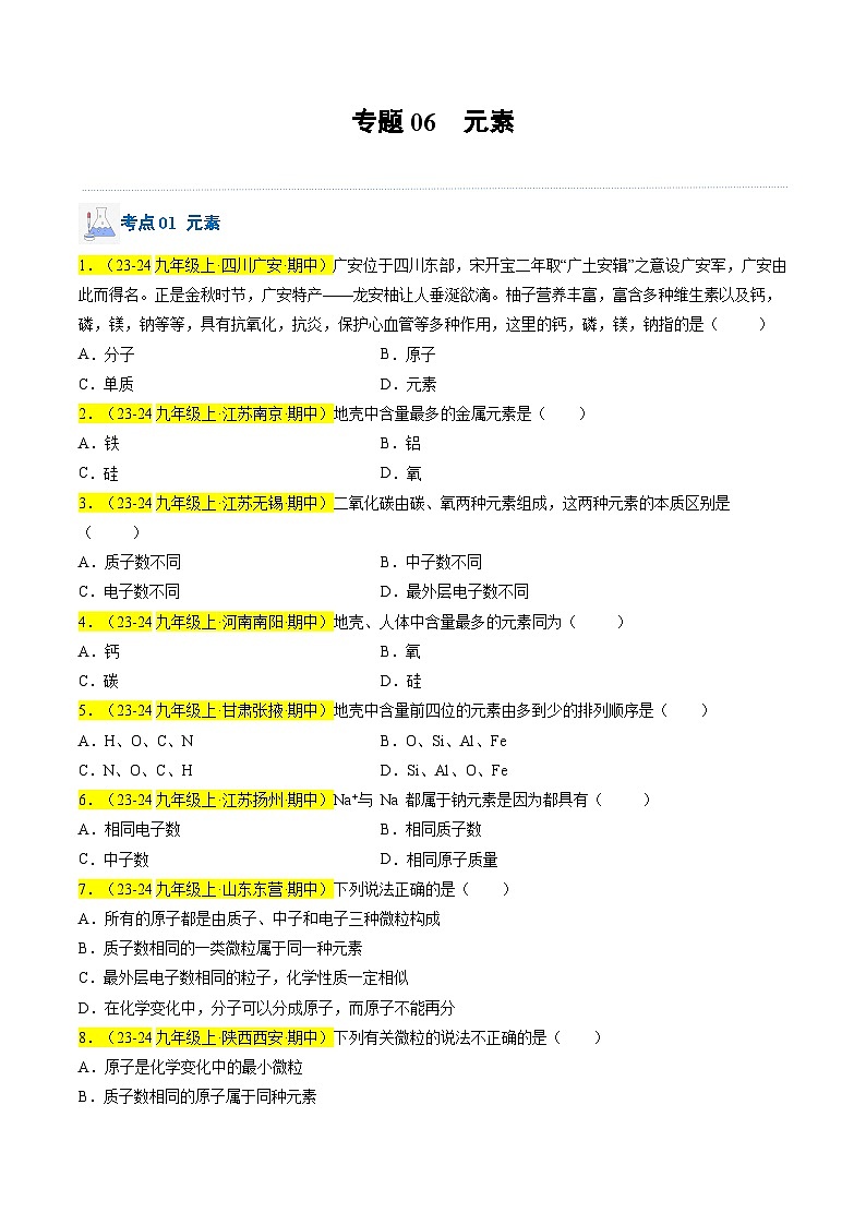（人教版2024）九年级上学期期中化学专题复习  专题06 元素习题第1页