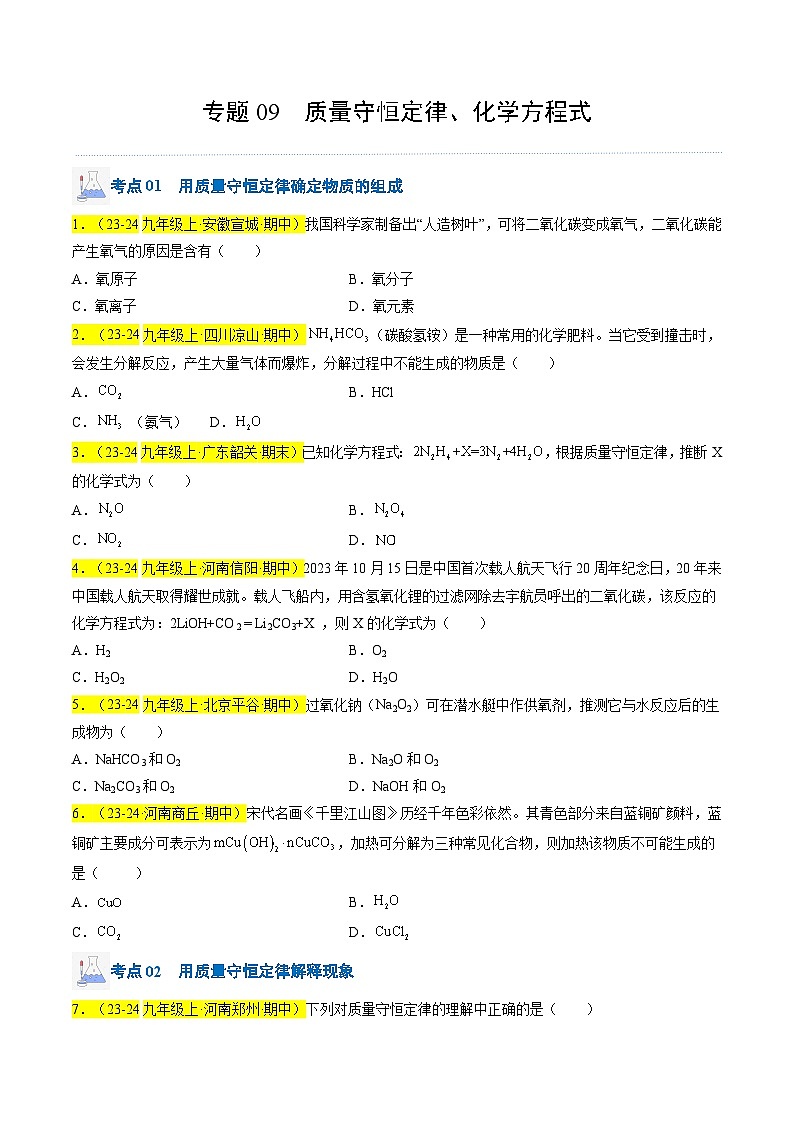 （人教版2024）九年级上学期期中化学专题复习  专题09 质量守恒定律、化学方程式习题第1页
