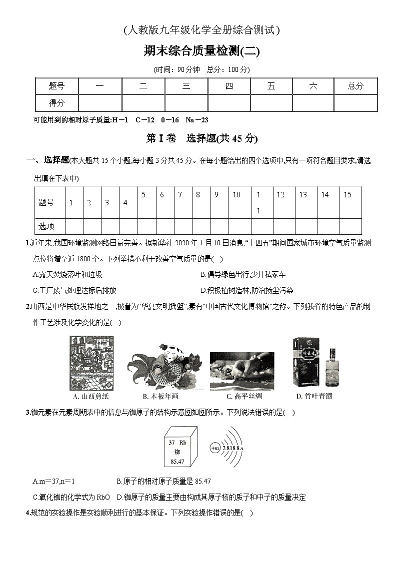 人教版九年级化学全册期末测试卷（二）【含解析】01