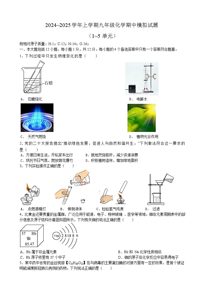 安徽省合肥市兴国实验学校2024~2025学年九年级上学期化学期中模拟试题01