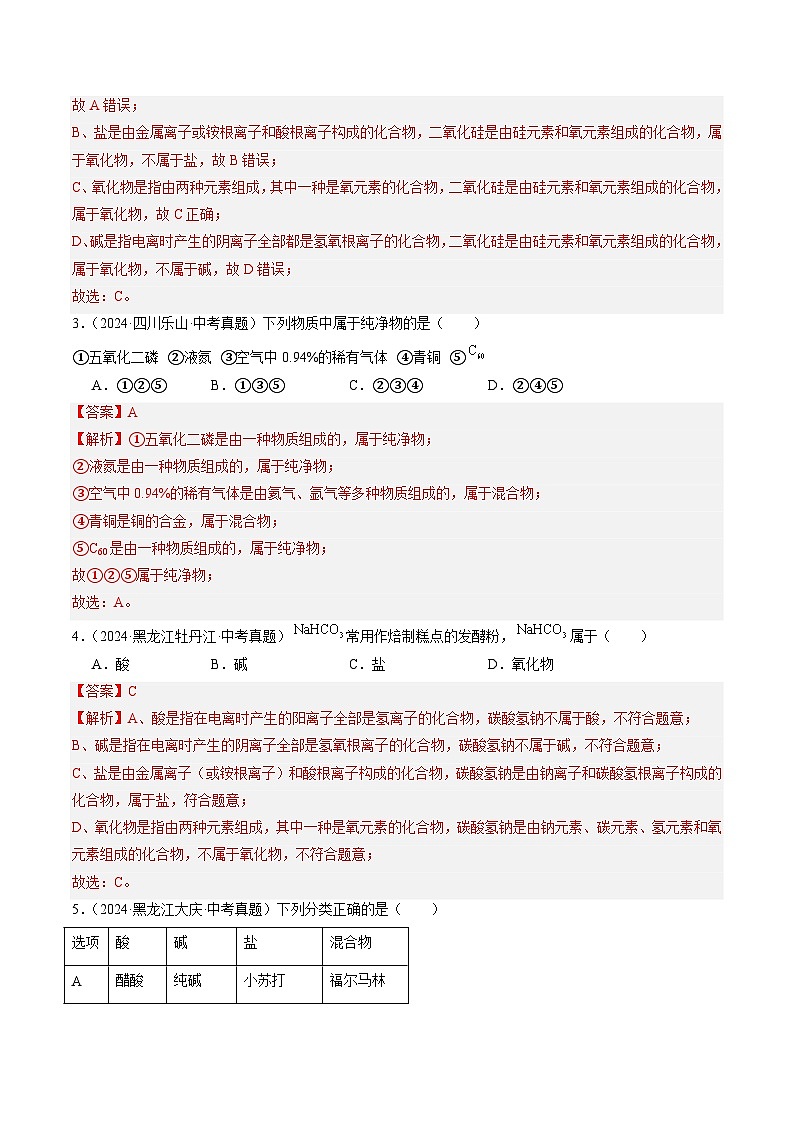专题10 物质的分类 微粒构成物质-【真题汇编】2022-2024年中考化学真题分类汇编（全国通用）02