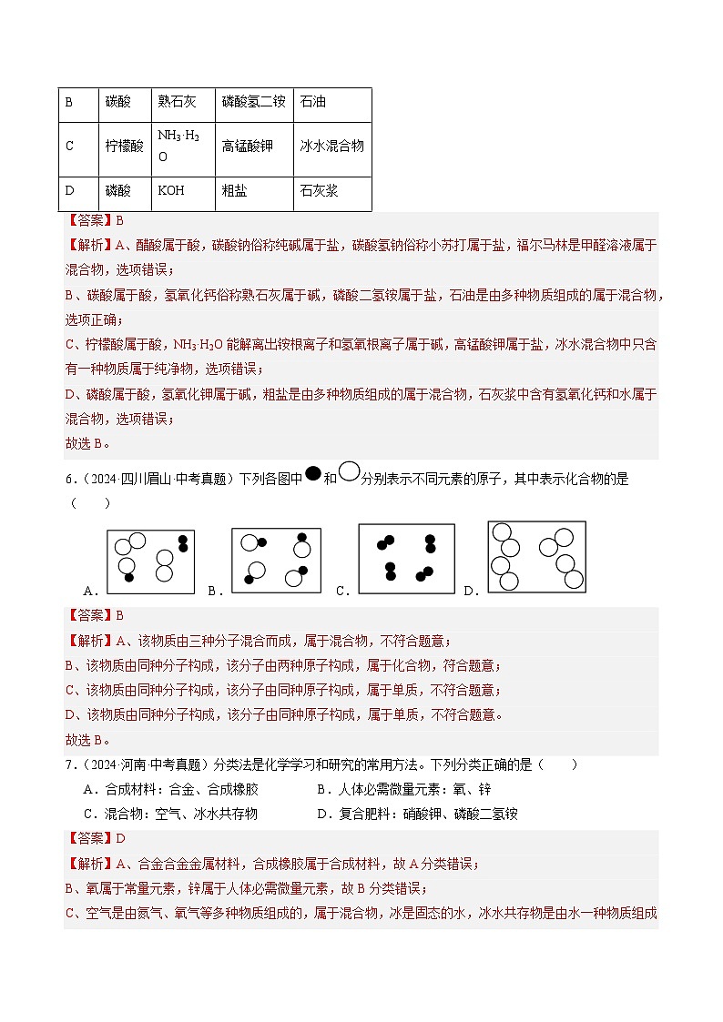 专题10 物质的分类 微粒构成物质-【真题汇编】2022-2024年中考化学真题分类汇编（全国通用）03