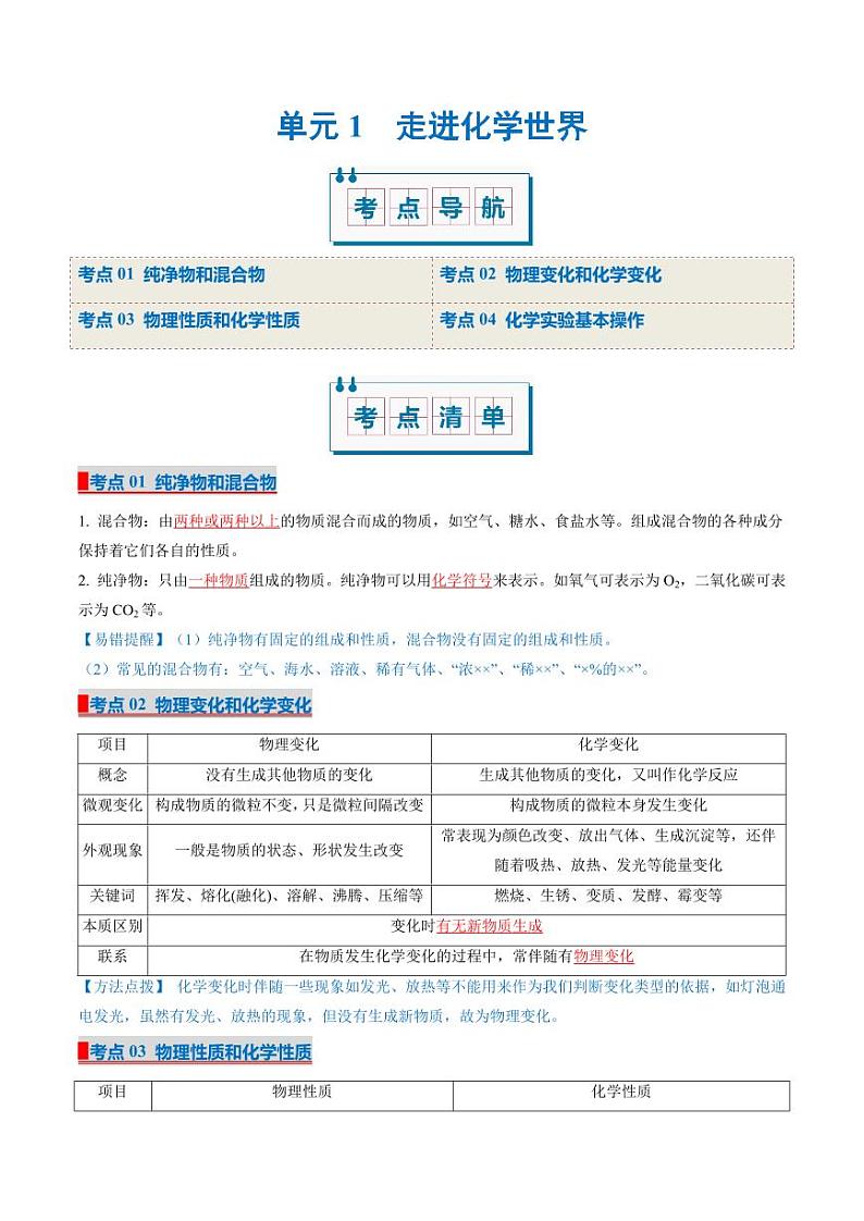 单元1 走进化学世界（考点清单）（讲+练）-2024-2025学年九年级化学上学期期中考点大串讲（仁爱科普版2024）第1页
