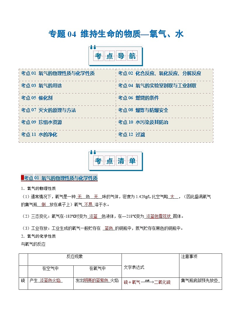 专题04 维持生命的物质—氧气、水（考点清单）（讲+练）-2024-2025学年九年级化学上学期期中考点大串讲（科粤版2024）第1页
