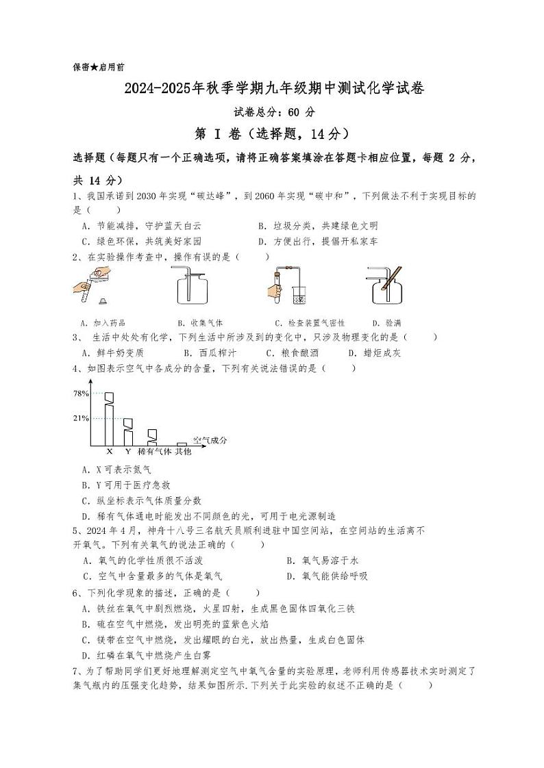 云南省昆明市东川区第二中学2024--2025学年九年级上学期10月期中考试化学试题01