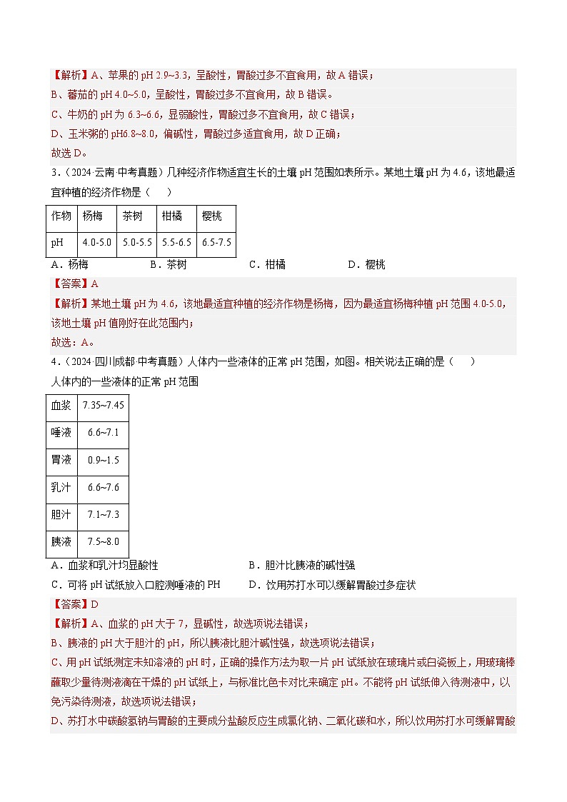 专题08 常见的酸和碱（解析版）-【好题汇编】三年（2022-2024）中考化学真题分类汇编（全国通用）第2页