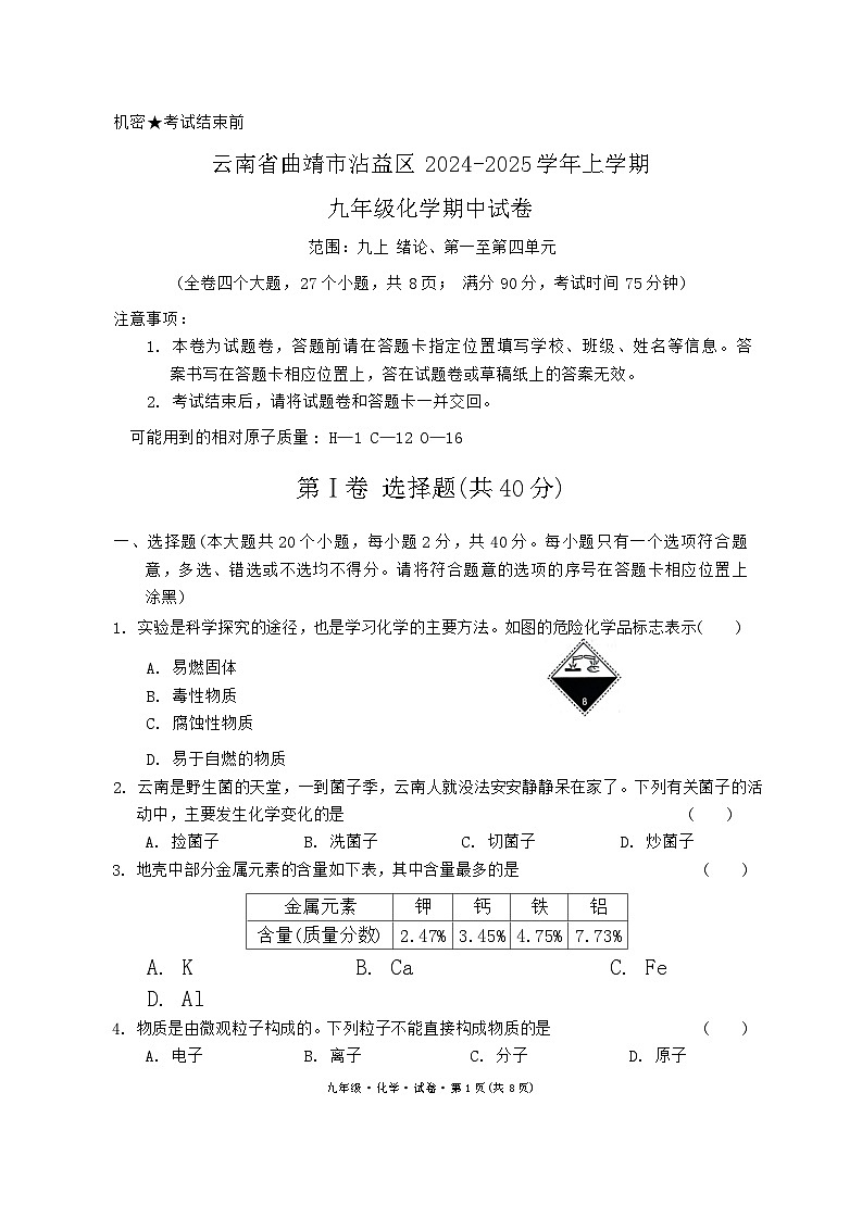 云南省曲靖市沾益区2024-2025学年上学期九年级化学期中试卷第1页