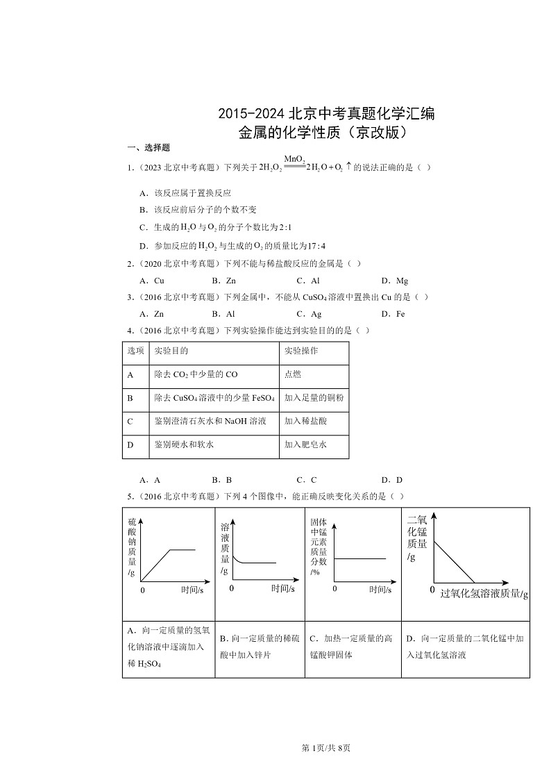 2015～2024北京中考真题化学分类汇编：金属的化学性质（京改版）01