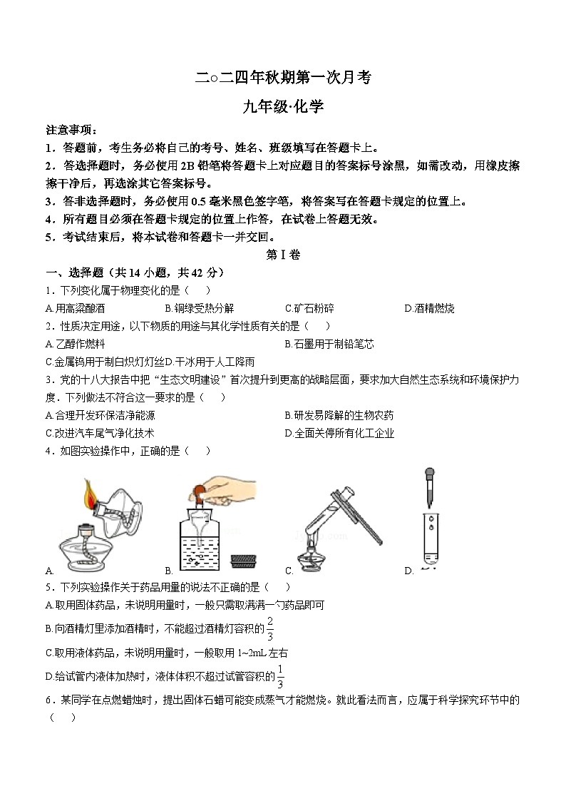 四川省宜宾市兴文县共乐初级中学校2024-2025学年九年级上学期第一次月考化学试题(无答案)01