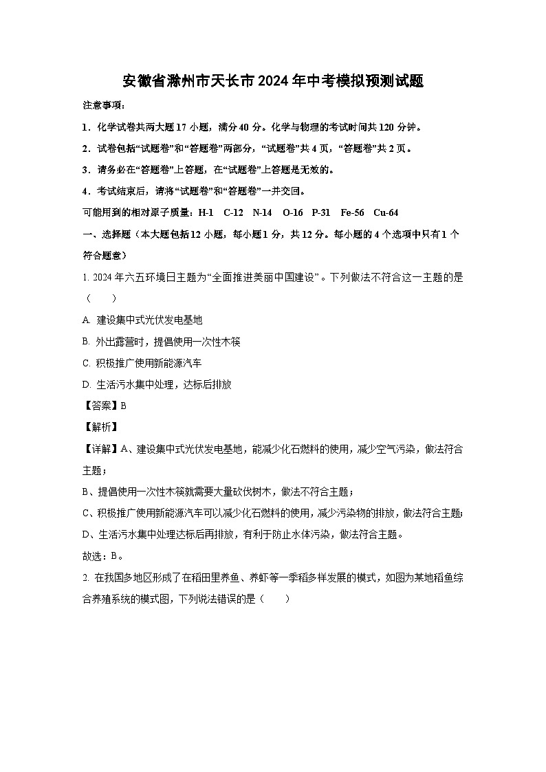 安徽省滁州市天长市2024年中考模拟预测试题化学试卷（解析版）第1页