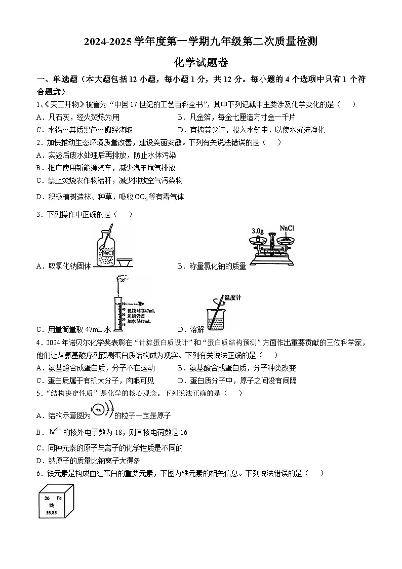 安徽省亳州市蒙城县2024-2025学年九年级上学期11月月考化学试题(无答案)01