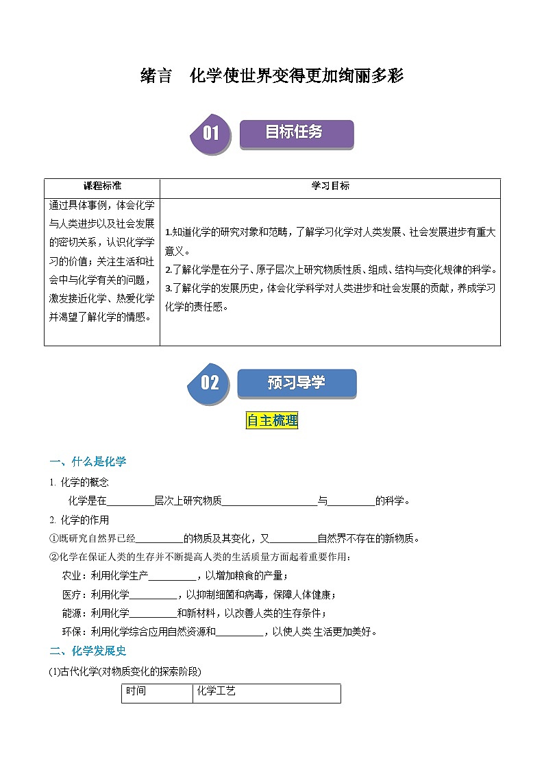 （人教版）2024年初中化学同步讲义第0单元 绪言 化学使世界变得更加绚丽多彩（教师版）第1页