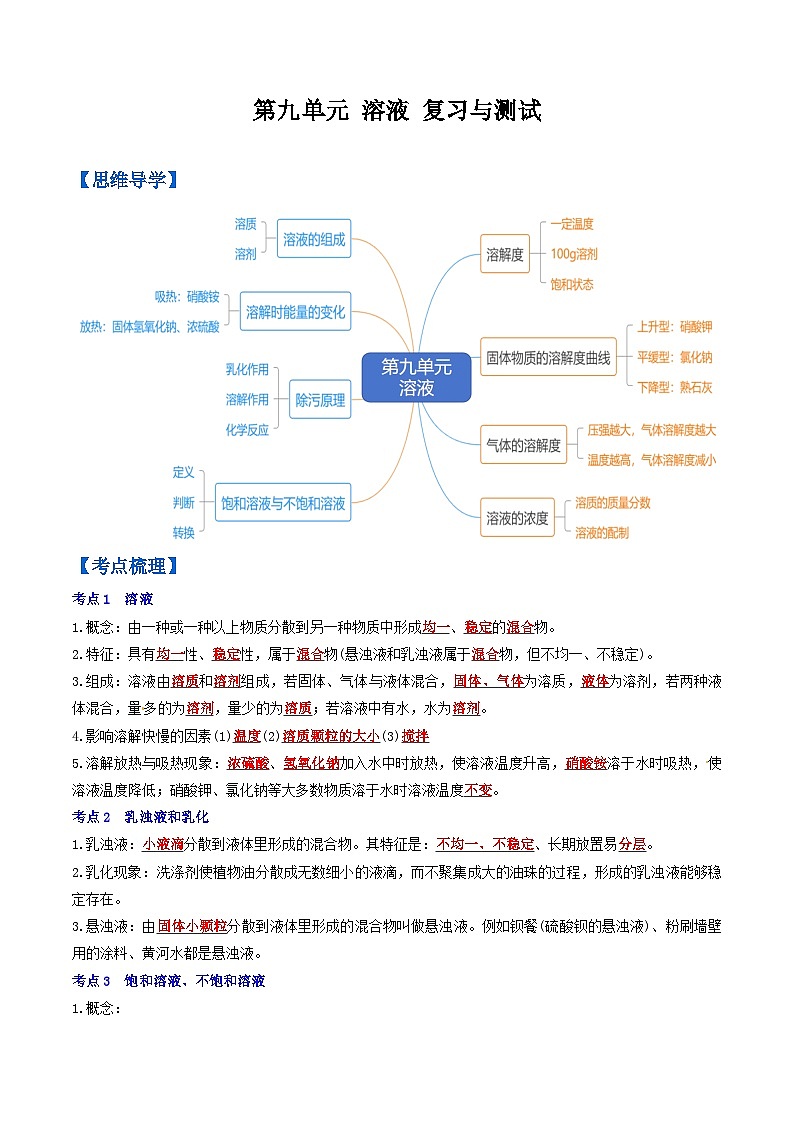 （人教版）2024年初中化学下册同步讲义第9单元  溶液 复习与测试（教师版）第1页