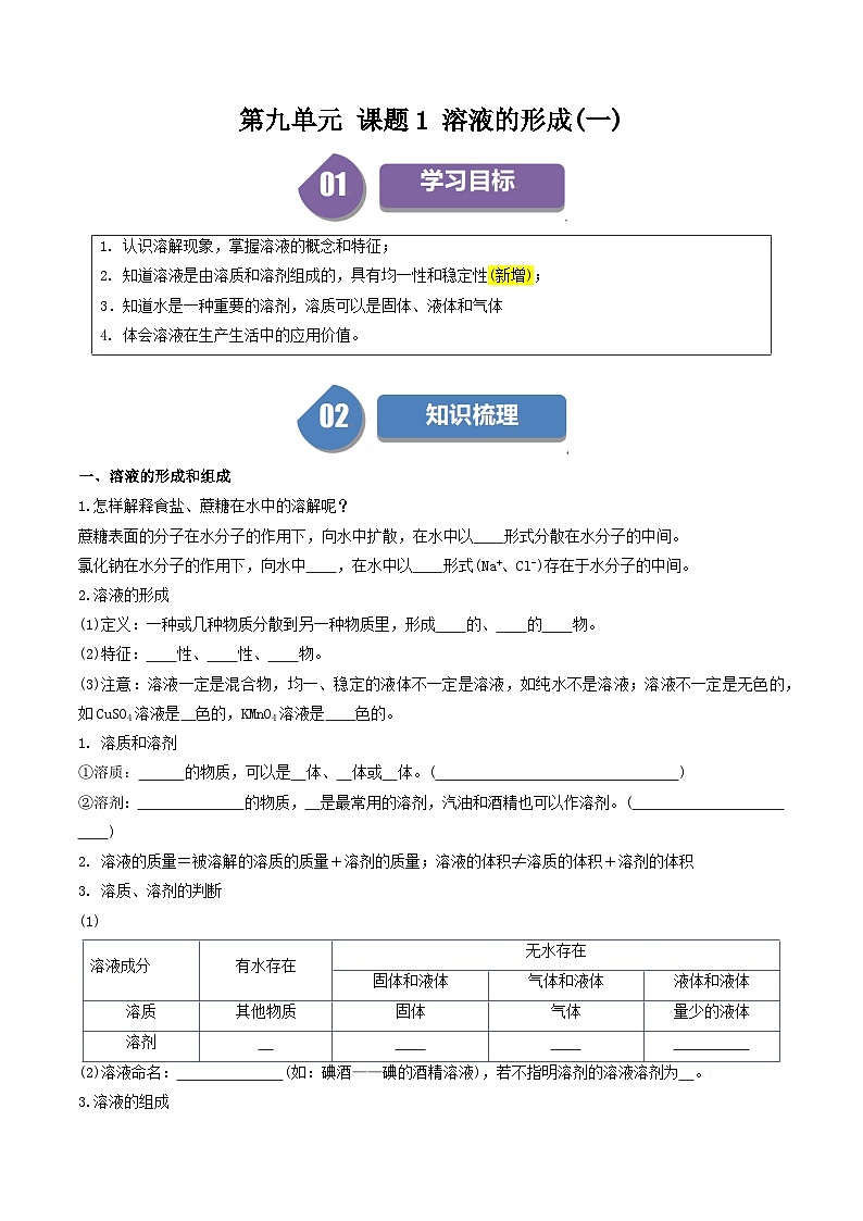 （人教版）2024年初中化学下册同步讲义第9单元 课题1 溶液的形成（一）（学生版）第1页