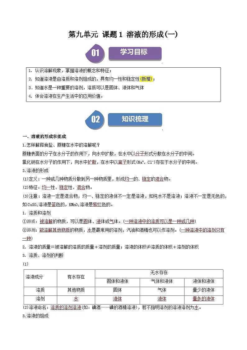 （人教版）2024年初中化学下册同步讲义第9单元 课题1 溶液的形成（一）（教师版）第1页