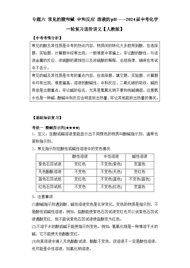 中考化学一轮复习进阶讲义【人教版】专题六 常见的酸和碱 中和反应 溶液的pH（含解析）第1页