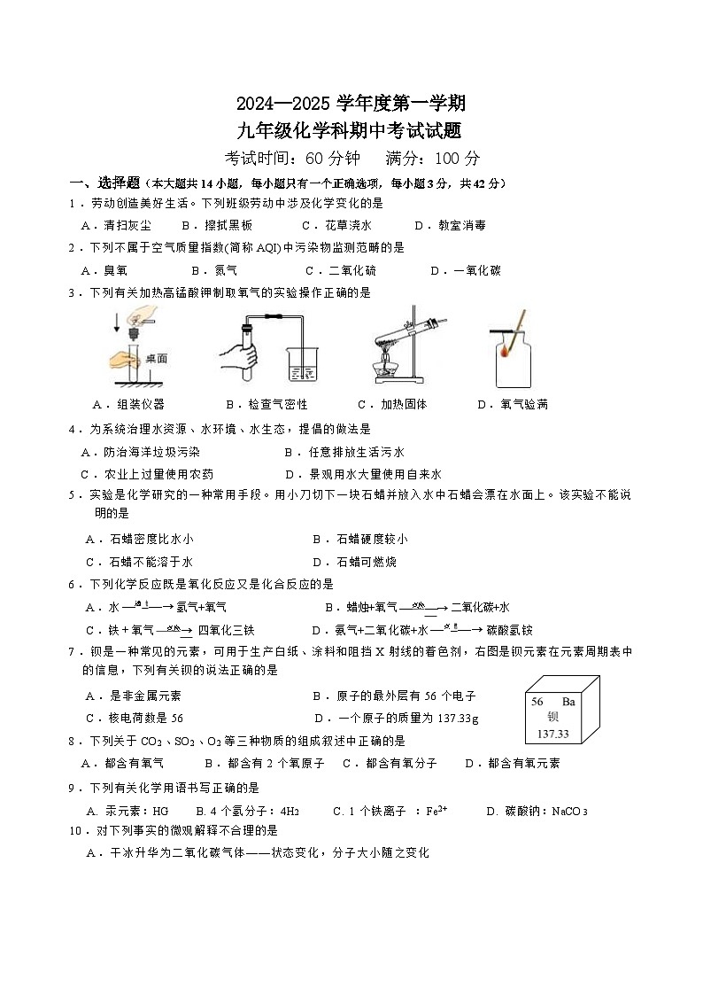 海南省海口市某校2024-2025学年九年级上学期期中考试化学试题01
