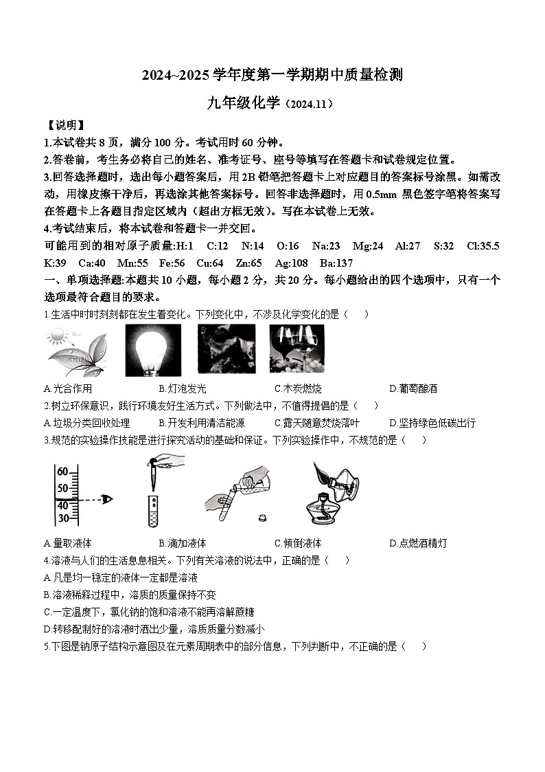 山东省济南市槐荫区2024-2025学年九年级上学期期中考试化学试卷(无答案)第1页