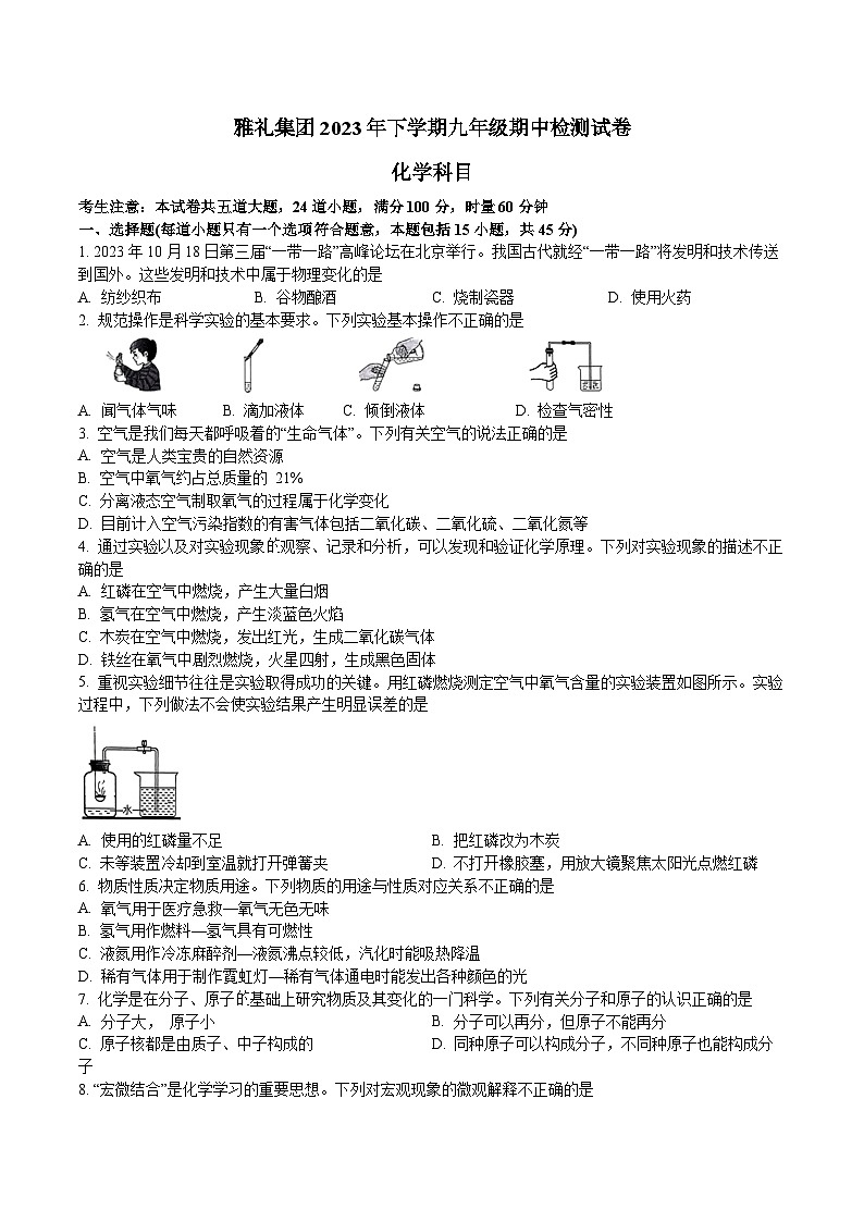 湖南省长沙市雅礼集团、长沙县2023-2024学年九年级上学期期中化学试题（原卷版）第1页