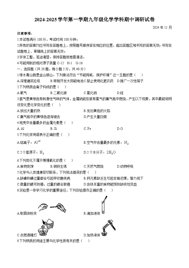 江苏省苏州市工业园区唯亭学校2024--2025学年九年级上学期11月期中考试化学试题(无答案)第1页