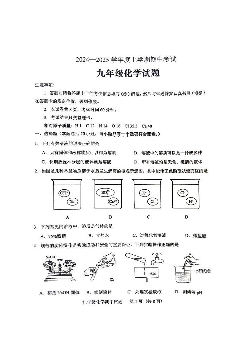 2024-2025学年山东省泰安市肥城市九年级上学期化学期中试题(OCR)第1页