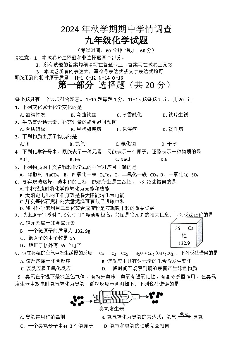江苏省泰州市姜堰区2024-2025学年九年级上学期11月期中考试化学试题01