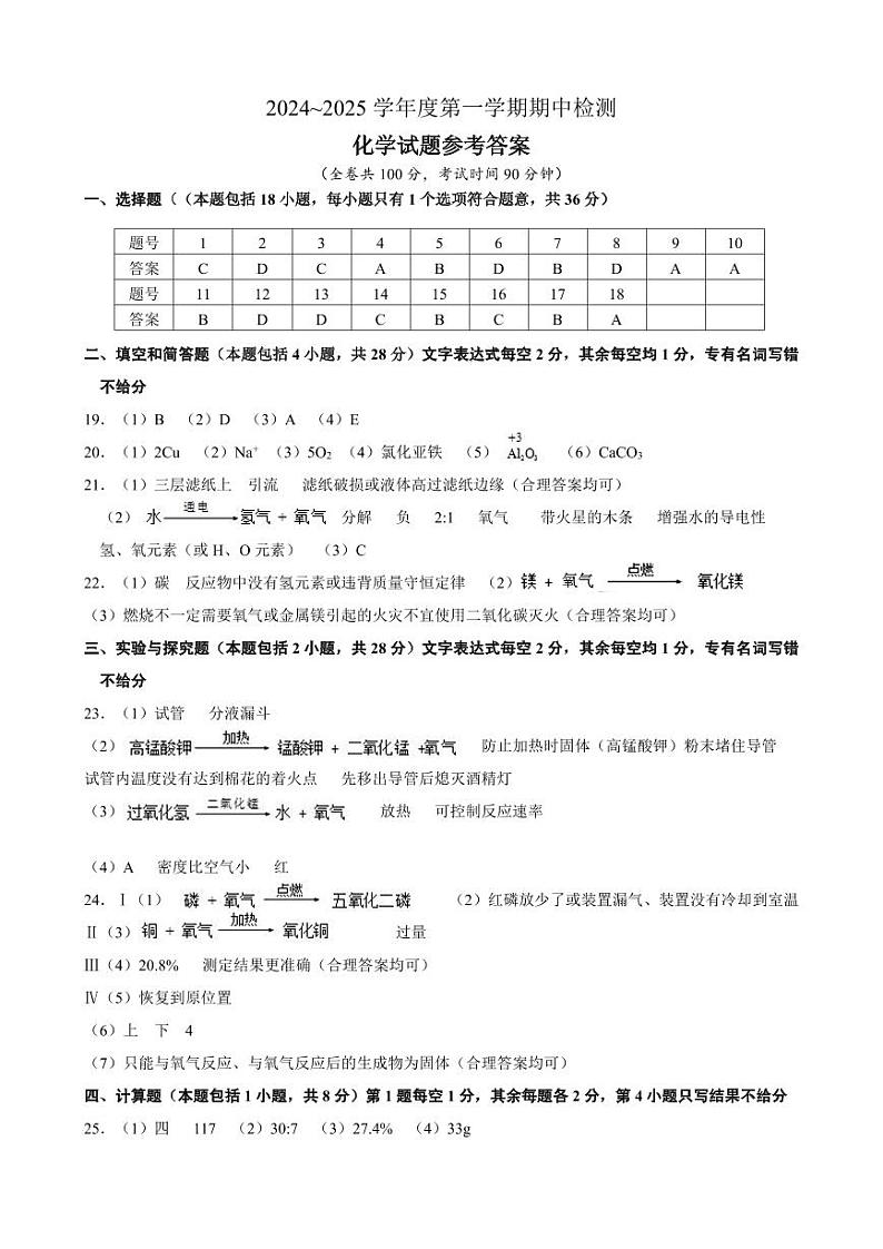 江苏省徐州市2024-2025学年九年级上学期期中检测化学试卷答案第1页
