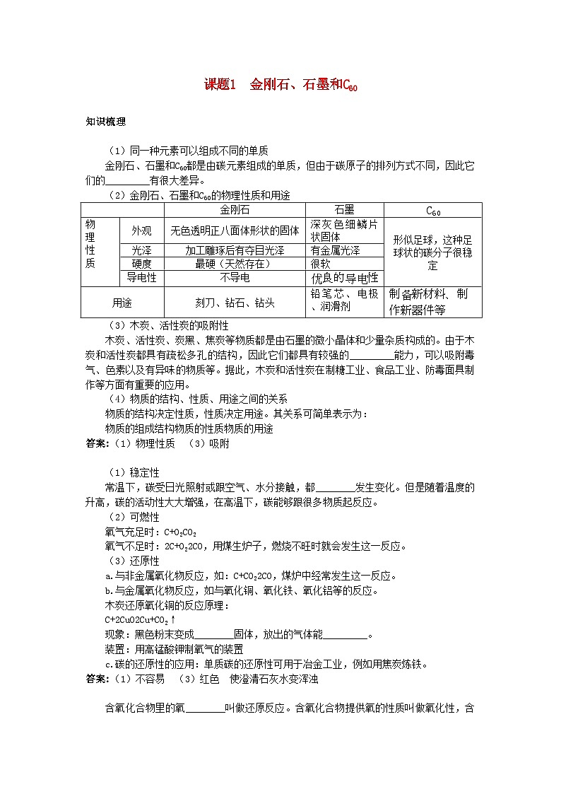 2022年中考化学考点知识梳理与疑难突破第六单元课题1金刚石石墨和C60第1页