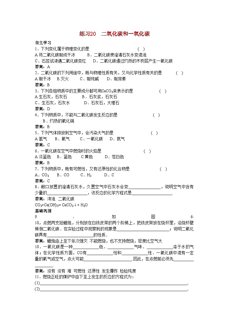 2022年中考化学练习20二氧化碳和一氧化碳第1页