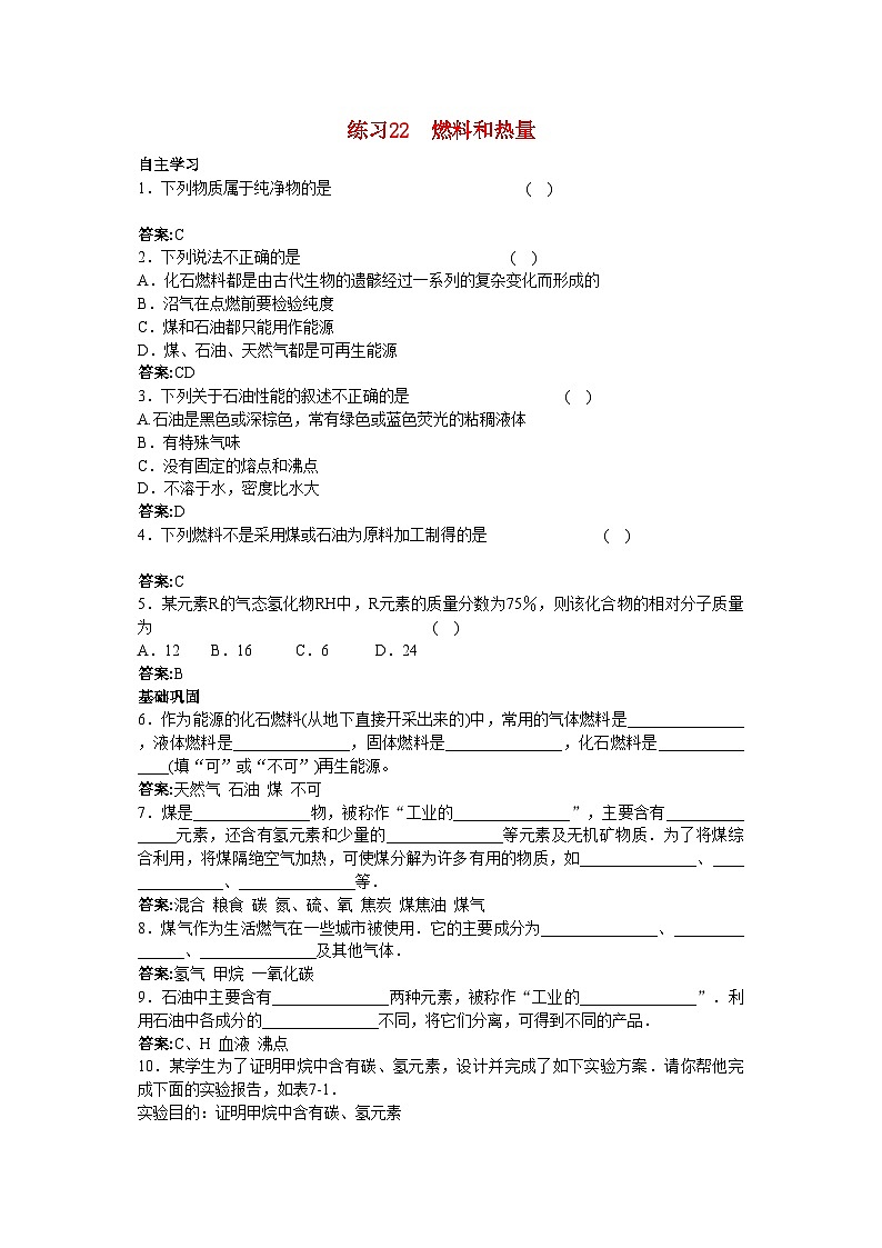 2022年中考化学练习22燃料和热量第1页